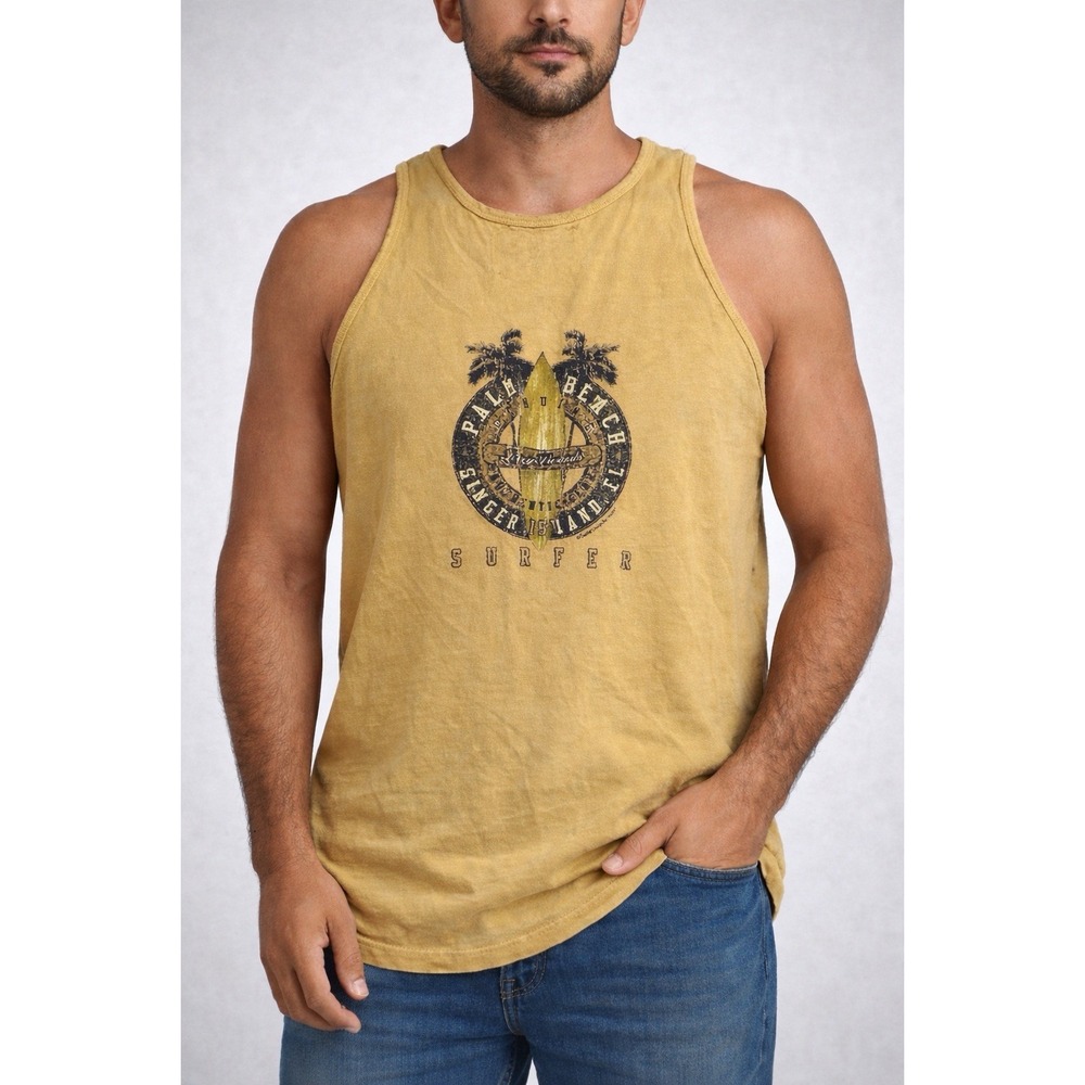 World Vintage Surf Tank Top Mens Large Yellow Graphic Sleeveless Beach Tee